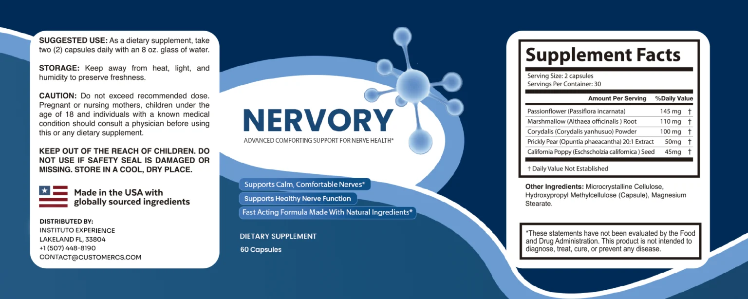 Nervory nerve support supplement label showing herbal formula ingredients